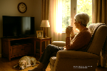 Photo of an older adult sitting at home with warm light — representing the importance of home in dementia care.