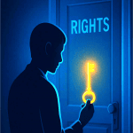 Illustration of a person holding a torch beside a door marked Rights — representing understanding dementia care rights
