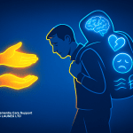 Illustration of a caregiver carrying emotional burdens while supporting someone with dementia