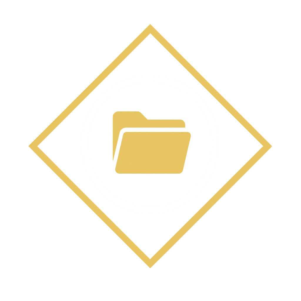 Dementia care pack icon — Launex family support toolkit symbol with a gold folder inside a navy and gold diamond frame