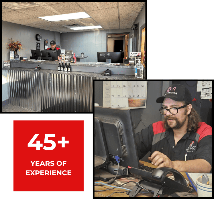 A clean, professional reception area at Legacy Tire & Auto Repair with friendly staff ready to assis.