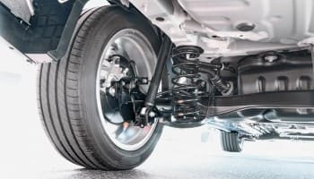 Suspension system of a vehicle showing tire, wheel, and shock absorber for auto repair and maintenan.