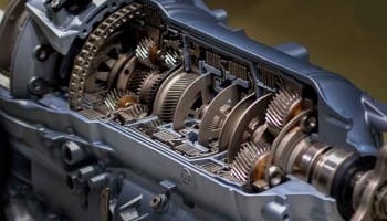 Transmission system components inside a vehicle engine.