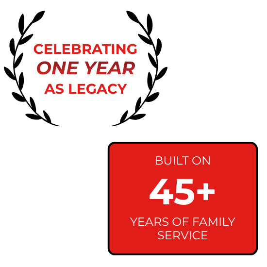 Logo celebrating one year anniversary of Legacy Tire & Auto Repair.