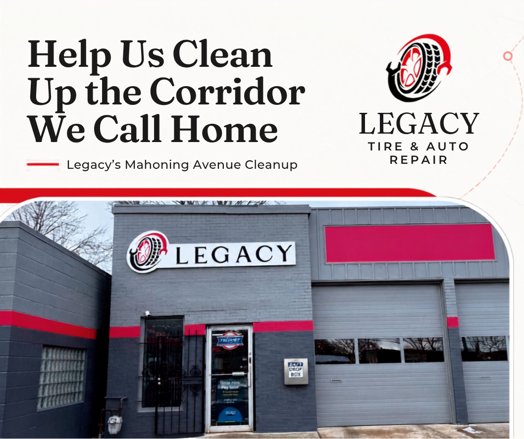 Auto repair shop on Mahoning Avenue with Legacy Tire & Auto Repair sign.
