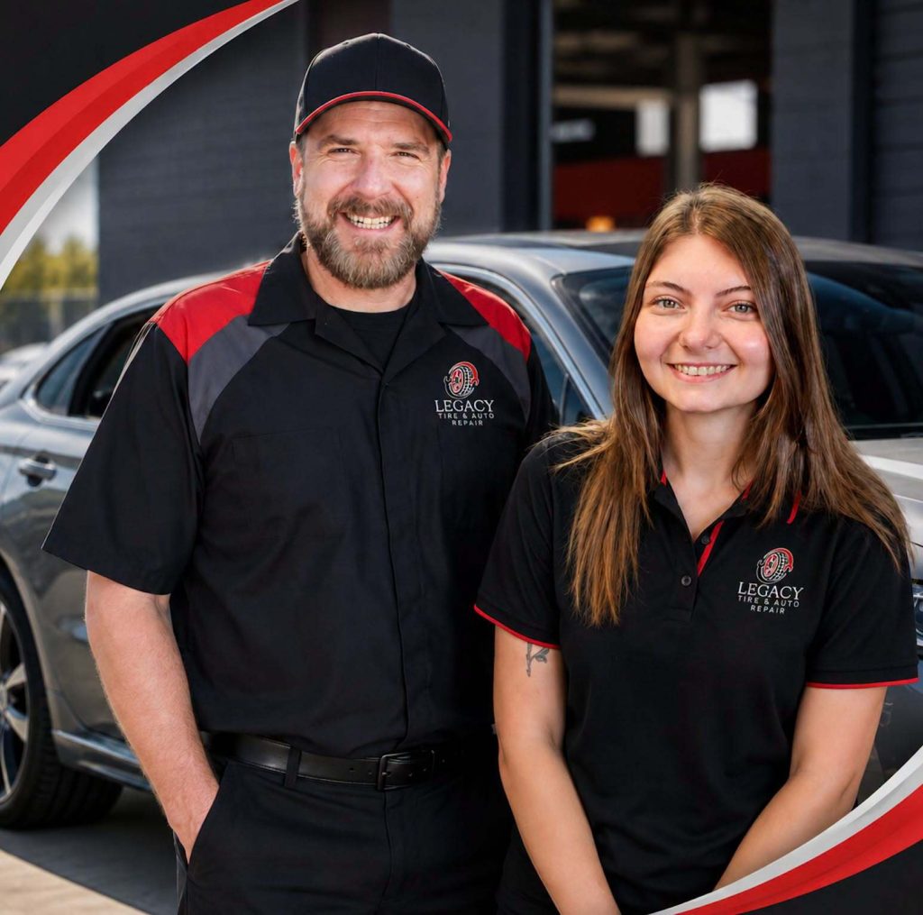 Happy male and female staff at Legacy Tire & Auto Repair.
