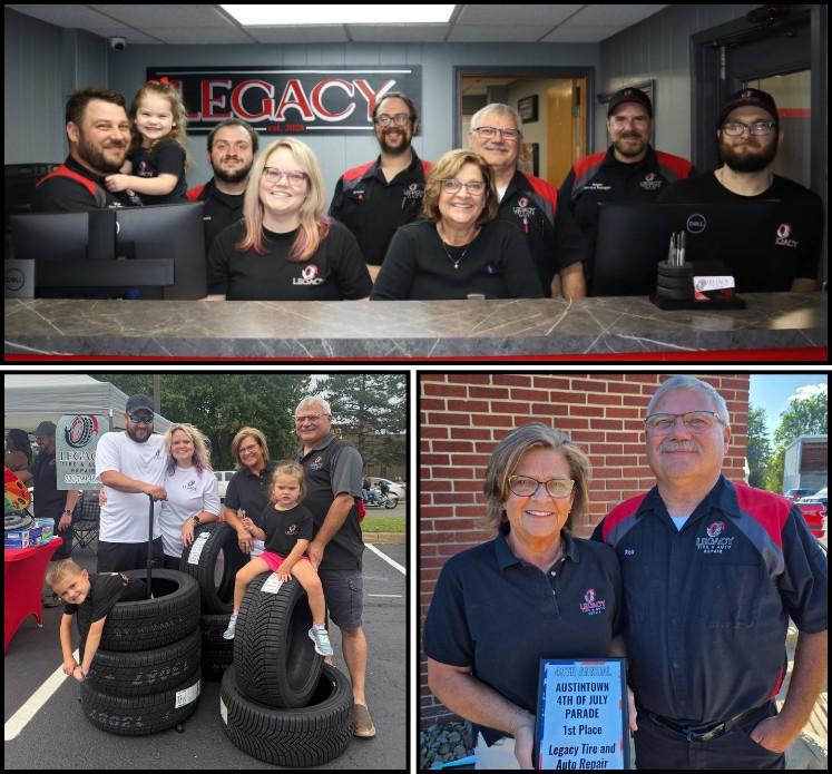 Group photo of staff at Legacy Tire & Auto Repair in front of the store.