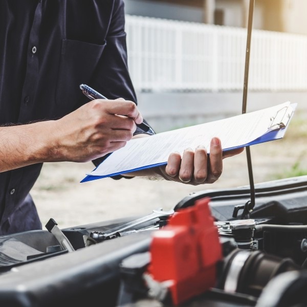 Technician inspecting car engine for maintenance at Legacy Tire & Auto Repair.