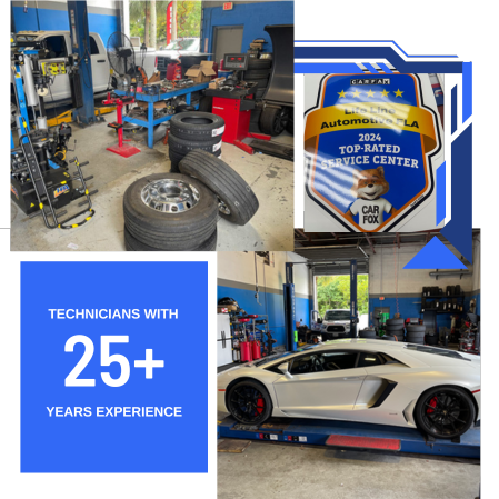 Auto repair shop with tools, tires, and a luxury sports car inside.