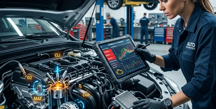 Woman using diagnostic scanner on car engine at auto repair shop.