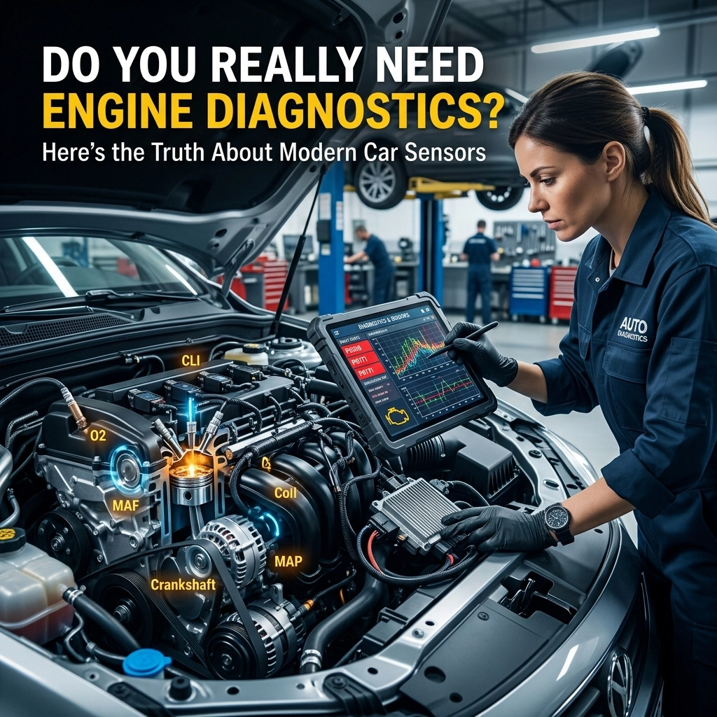 Woman using diagnostic scanner on car engine at auto repair shop.