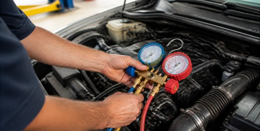 Technician checking car air conditioning system with manifold gauge set.