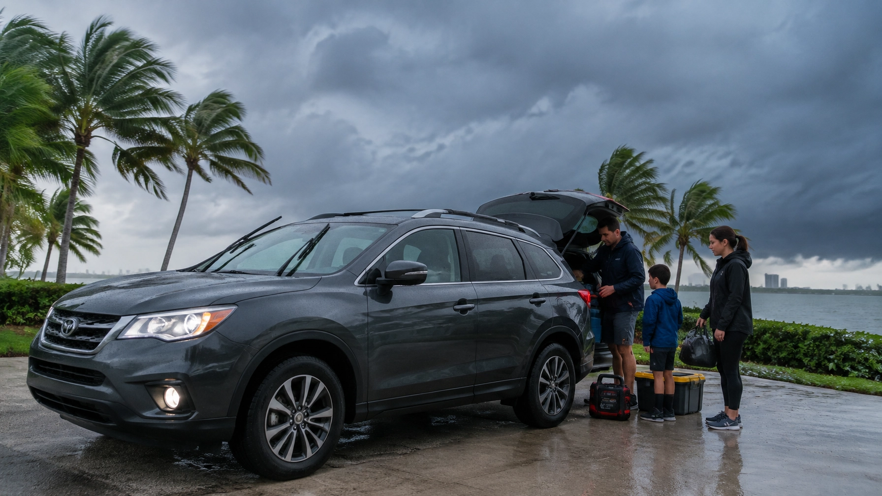 Family loading luggage into a car on a rainy day near palm trees.