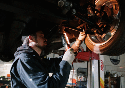 Brake system inspection during vehicle maintenance.