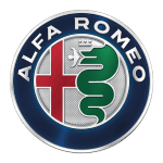 Alfa Romeo emblem with red cross and green serpent on blue background.