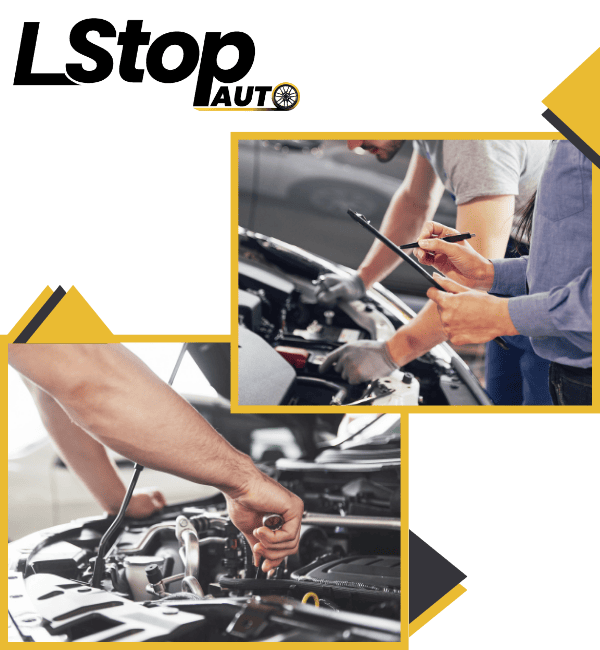 Auto repair technicians inspecting car engine with tools and smartphone.