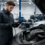 Auto repair technician inspecting car engine with diagnostic tool in garage.
