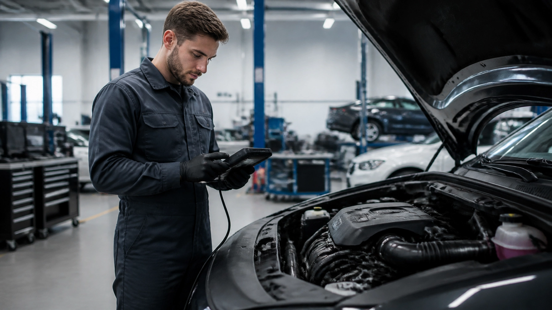 Auto repair technician inspecting car engine with diagnostic tool in garage.