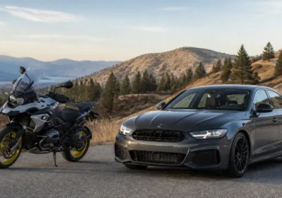 Car and motorcycle parked on mountain road with scenic landscape.