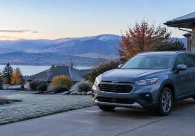 Sleek gray SUV parked outside with mountain and lake background.