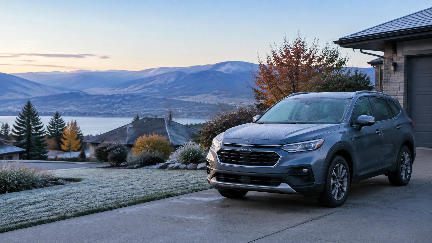 Sleek gray SUV parked outside with mountain and lake background.
