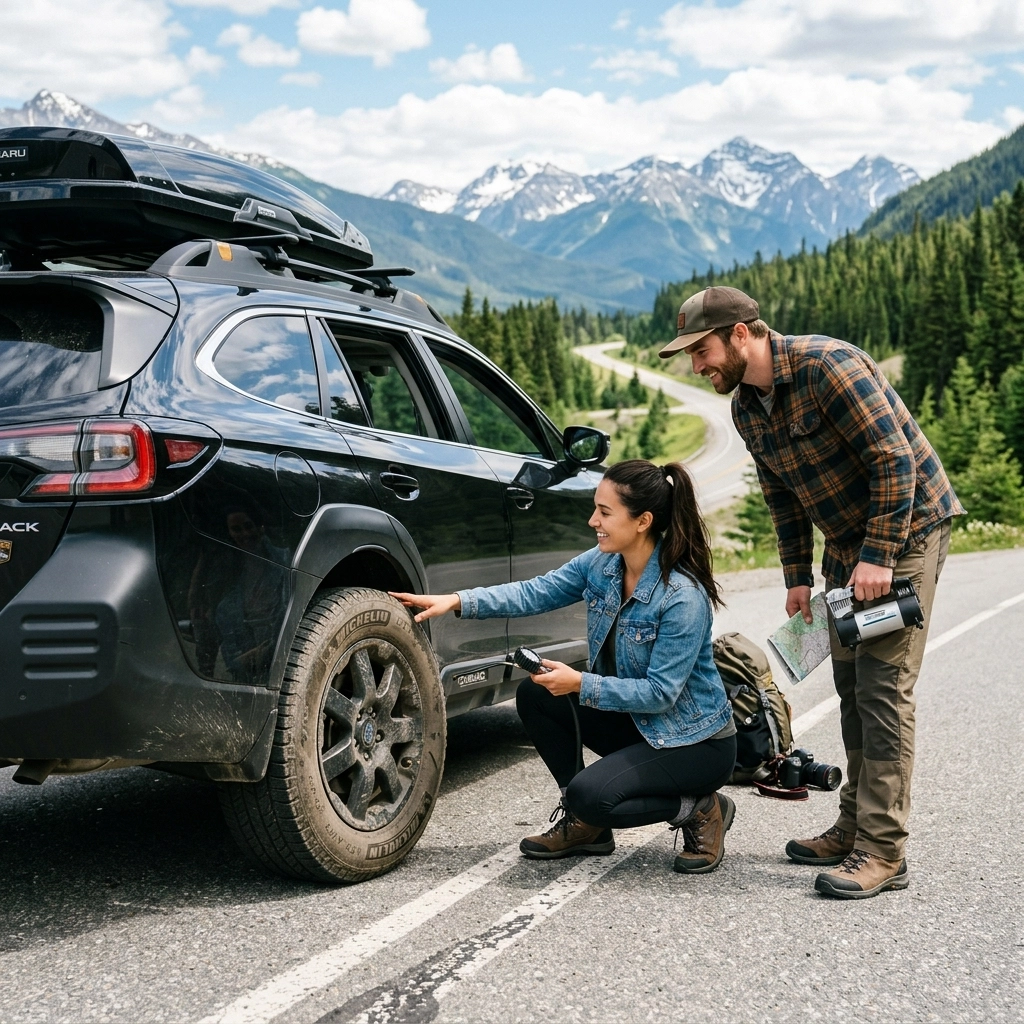Couple checking car tires on mountain road during road trip.