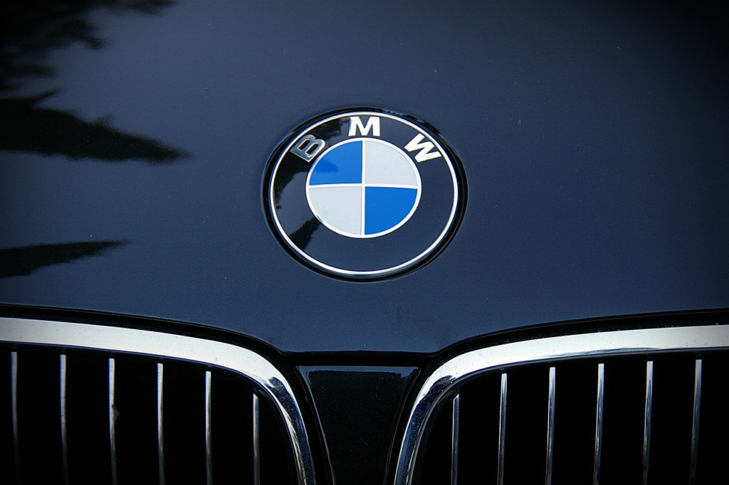 Close-up of BMW emblem on a luxury car's hood.