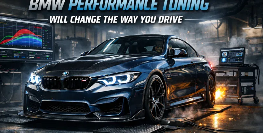 BMW sports car undergoing professional performance tuning in a high-tech garage.