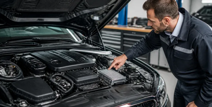 Technician inspecting car engine at MADA Autosport Inc.