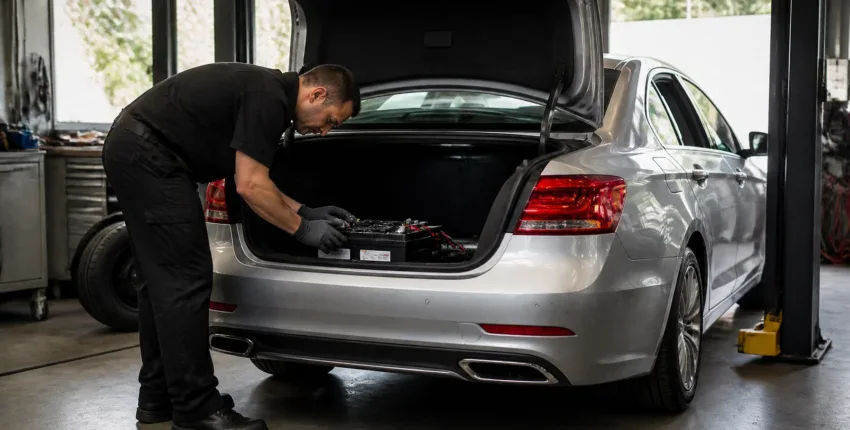 Technician inspecting car engine in auto repair shop.