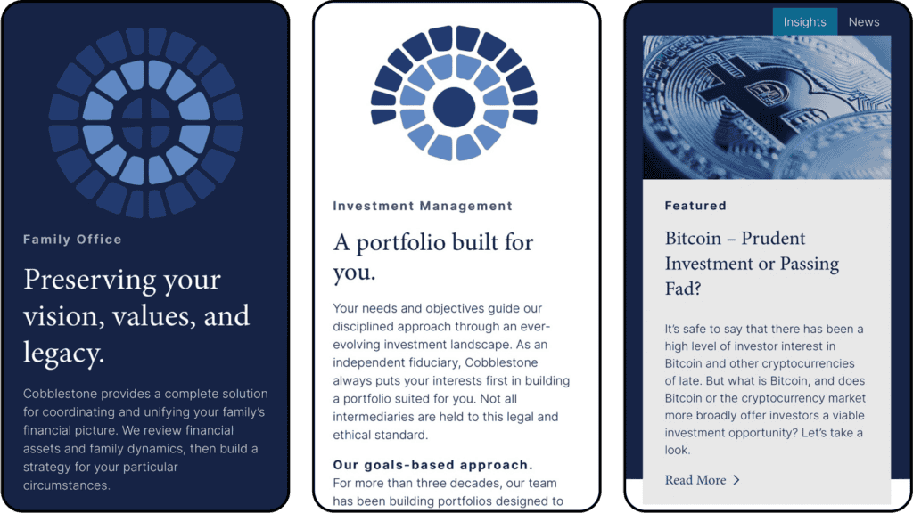3 images from the mobile view of the Cobblestone Capital website design