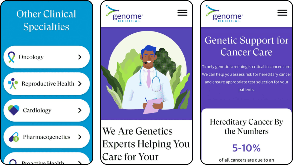 Three images showing the Genome Medical website mobile design. It is colorful, approachable, and easy to read.