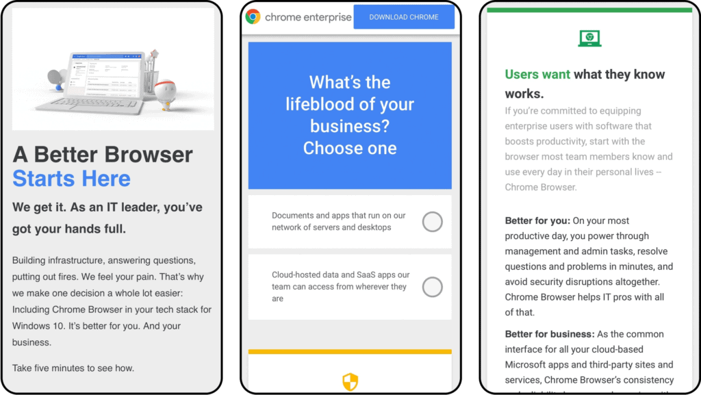 three mobile images from the landing page of different details