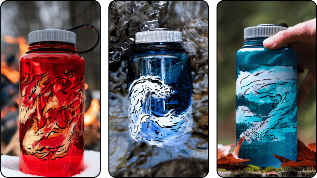 3 images of nalgene bottles, both the design and the environment capture three elements: fire, water, and wind.