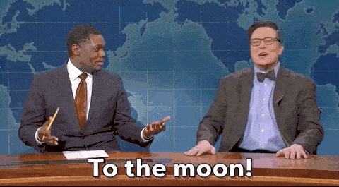 Gif of SNL skit Weekend update. Cast member sitting next to Elon Musk. Gif copy says