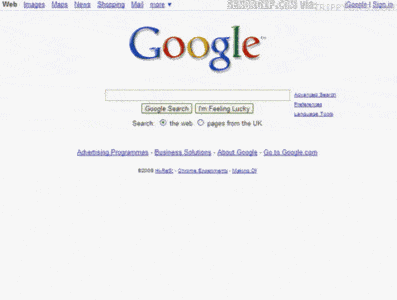 Google search page starts static on the screen. All the elements of the webpage appear to fall and crash to the bottom of the screen.