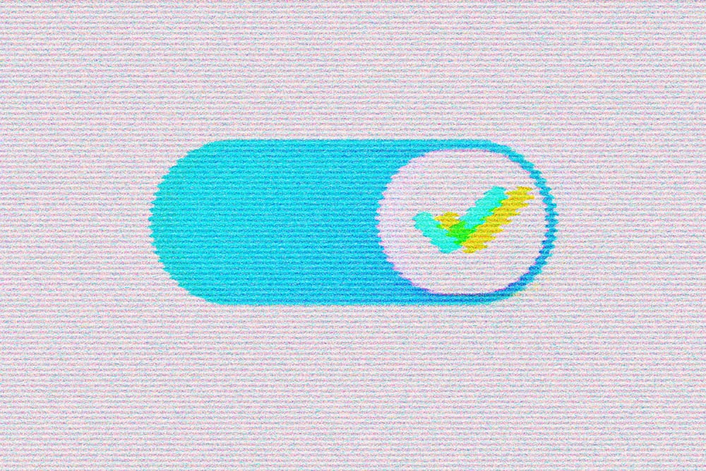 A blue toggle switch in the "on" position with a green checkmark inside a white circle, displayed on a textured background.