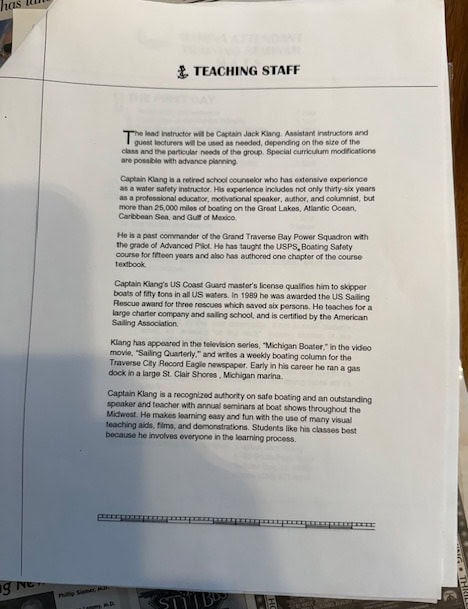 Marina staff training document featuring Captain Jack Kang's credentials and experience.