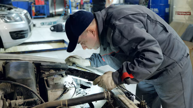 Mechanic inspecting a car engine with a flashlight
