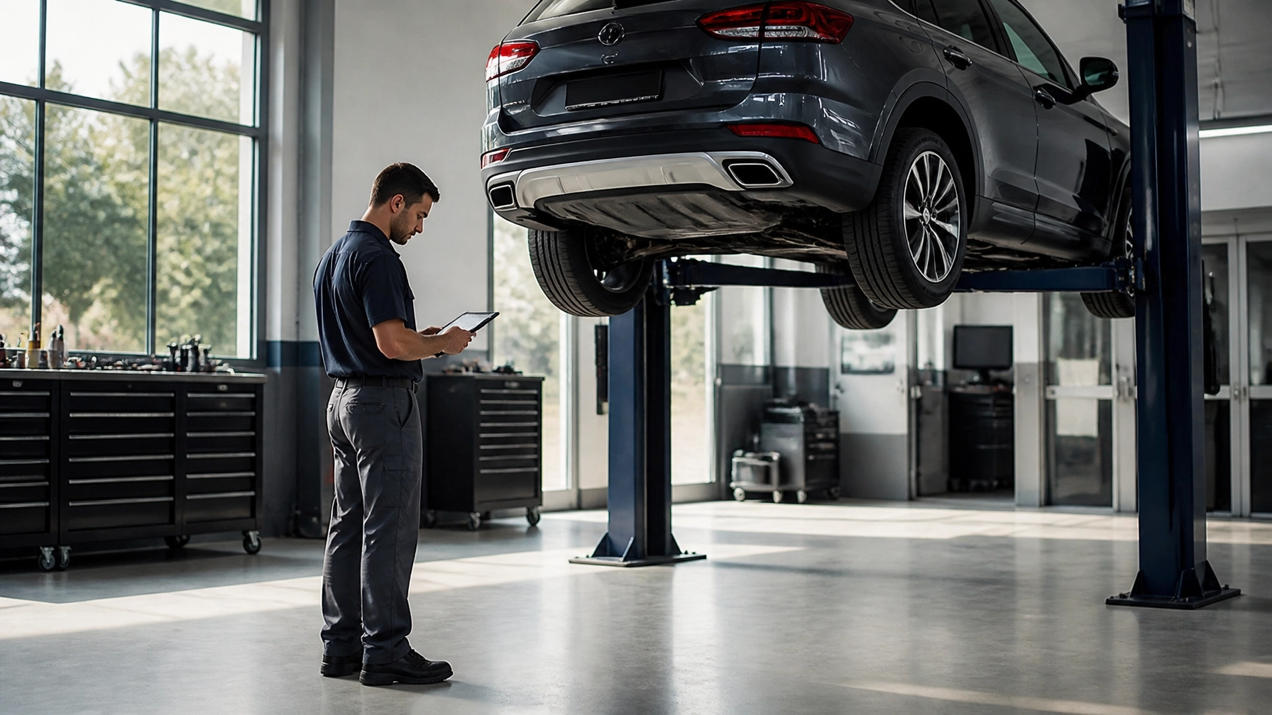 Technician inspecting vehicle on hydraulic lift at Masonic Smog & Repair.