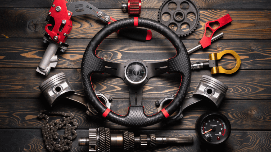 Custom steering wheel with engine components for trucks.