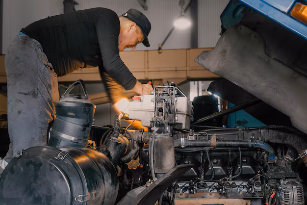 Car mechanic repairing a large truck engine in a professional workshop