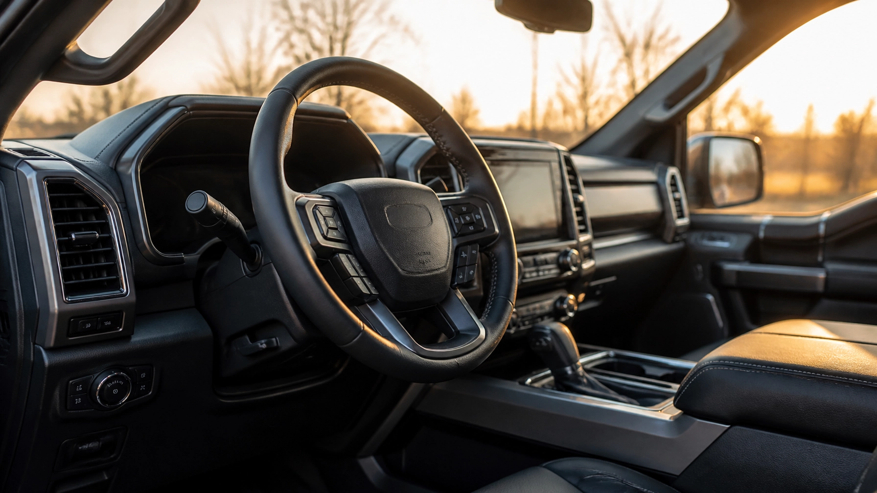 Interior view of a truck with Mason Truck Accessories dashboard and steering wheel.