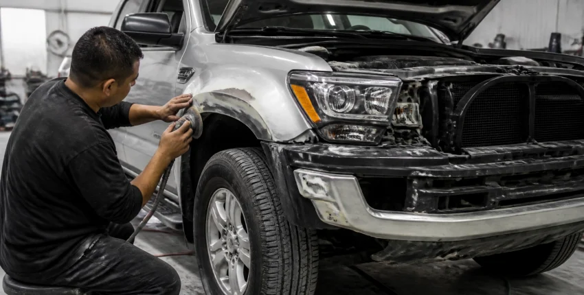 Vehicle undergoing professional auto body and paint repair work