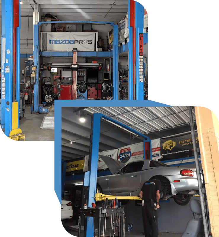 Auto repair and maintenance at Mazda Pros Inc. in a professional workshop setting.
