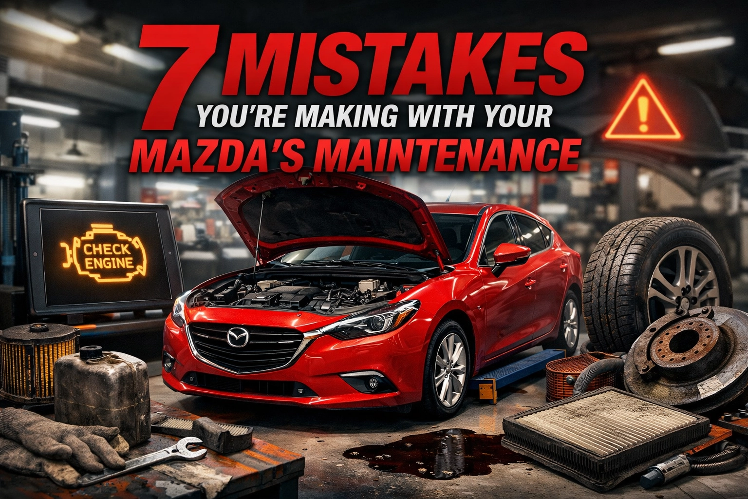 Warning sign and a red Mazda car in an auto repair shop with maintenance tools.