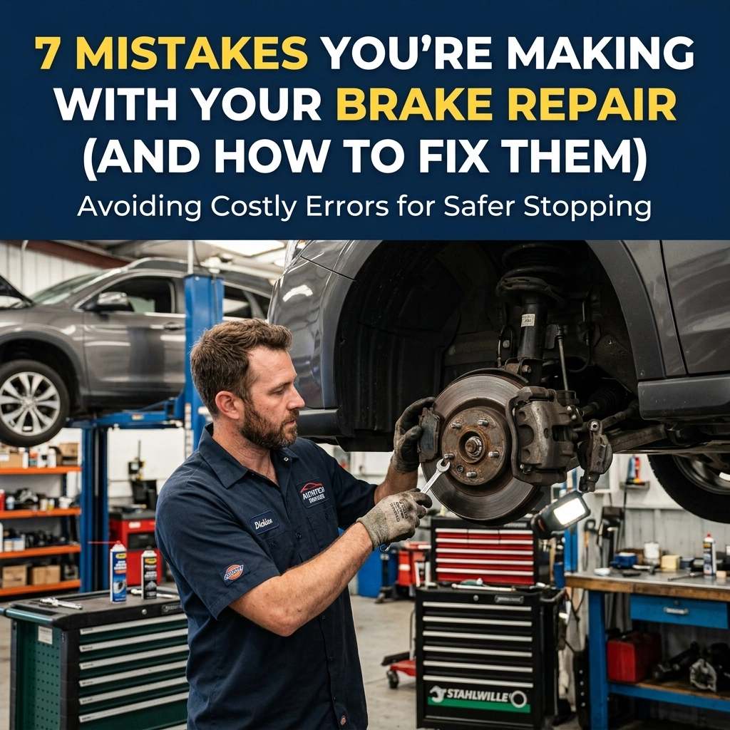 Professional mechanic performing brake repair on a Mazda vehicle in a workshop.