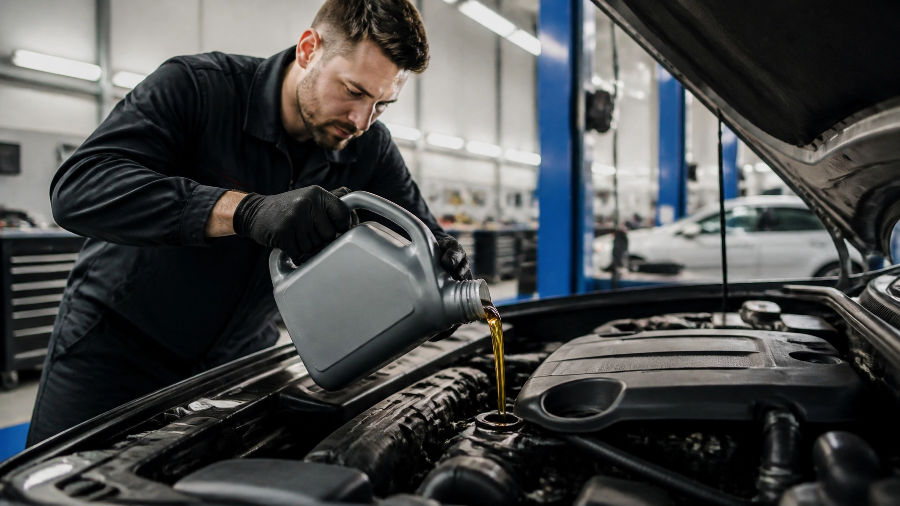 Technician pouring oil into car engine at Mazda Pros Inc.
