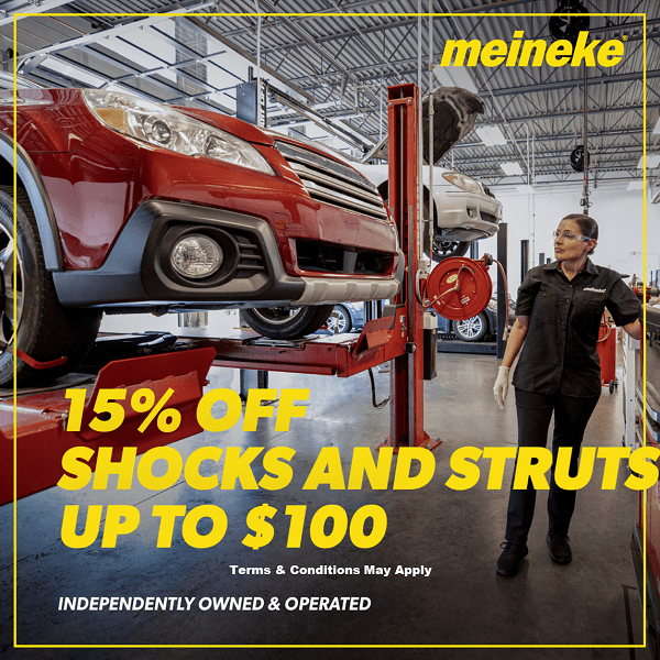 Meineke Fresno car repair shop with vehicle lift and technician.