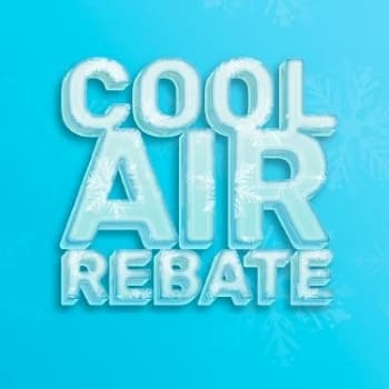 Bright blue promotional graphic highlighting a cool air rebate offer at Meineke Car Care Center Fres.